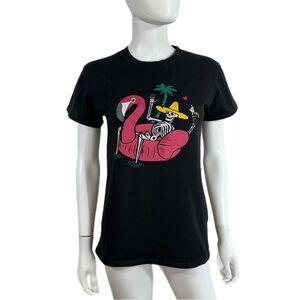 Brisco Brands Black Skeleton on Flamingo Float Short Sleeve Tee